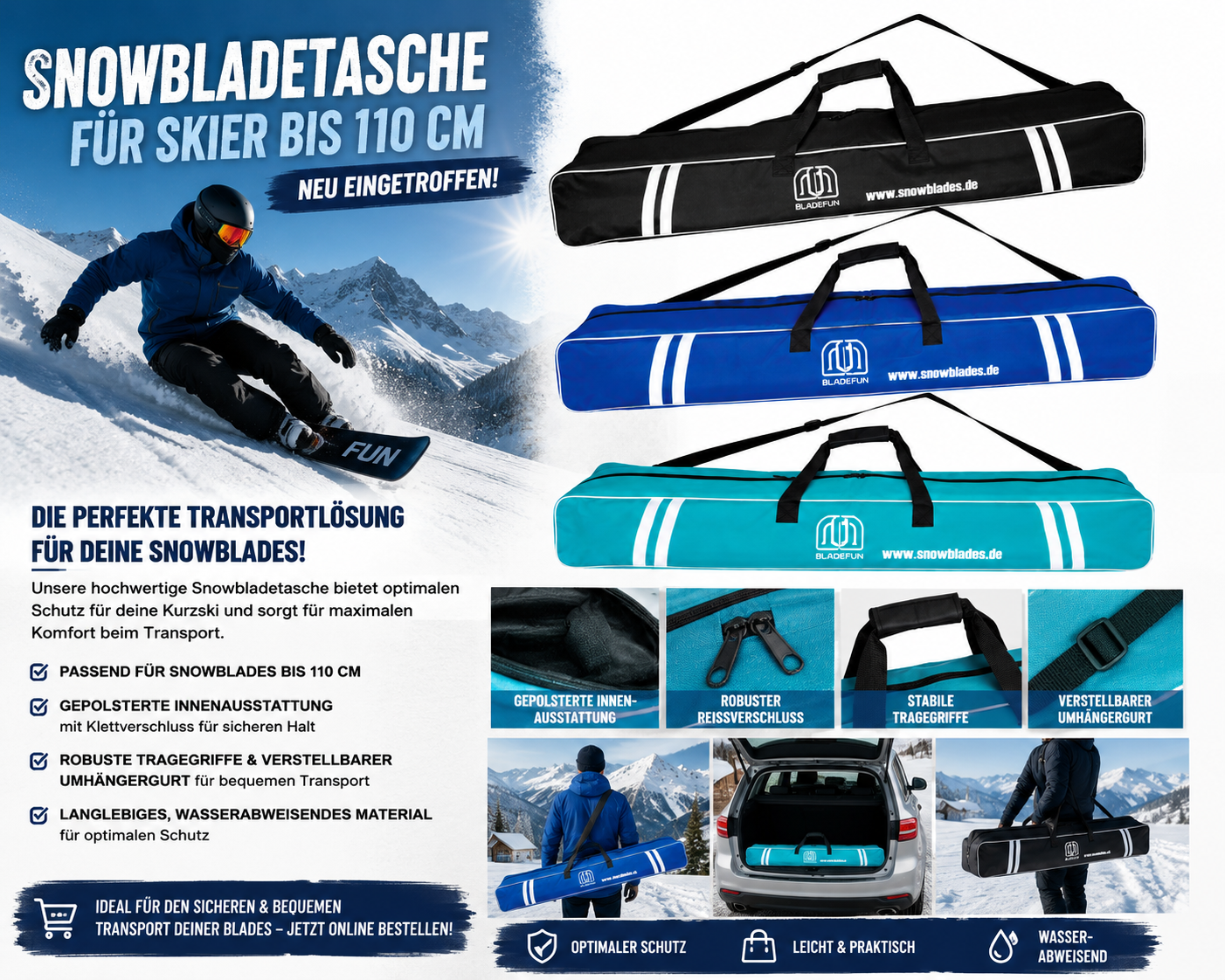 Snowbladetasche Aqua Türkis/weiß Skitasche bis 110cm Neu
