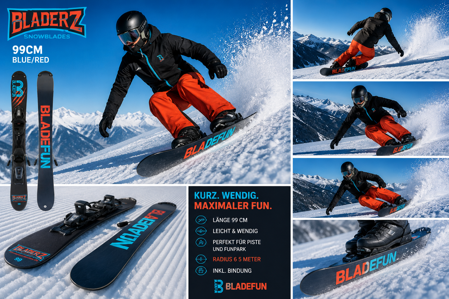 Snowblades Bladerz 99 cm Tyrolia safety binding Bladefun short ski | blue/red 