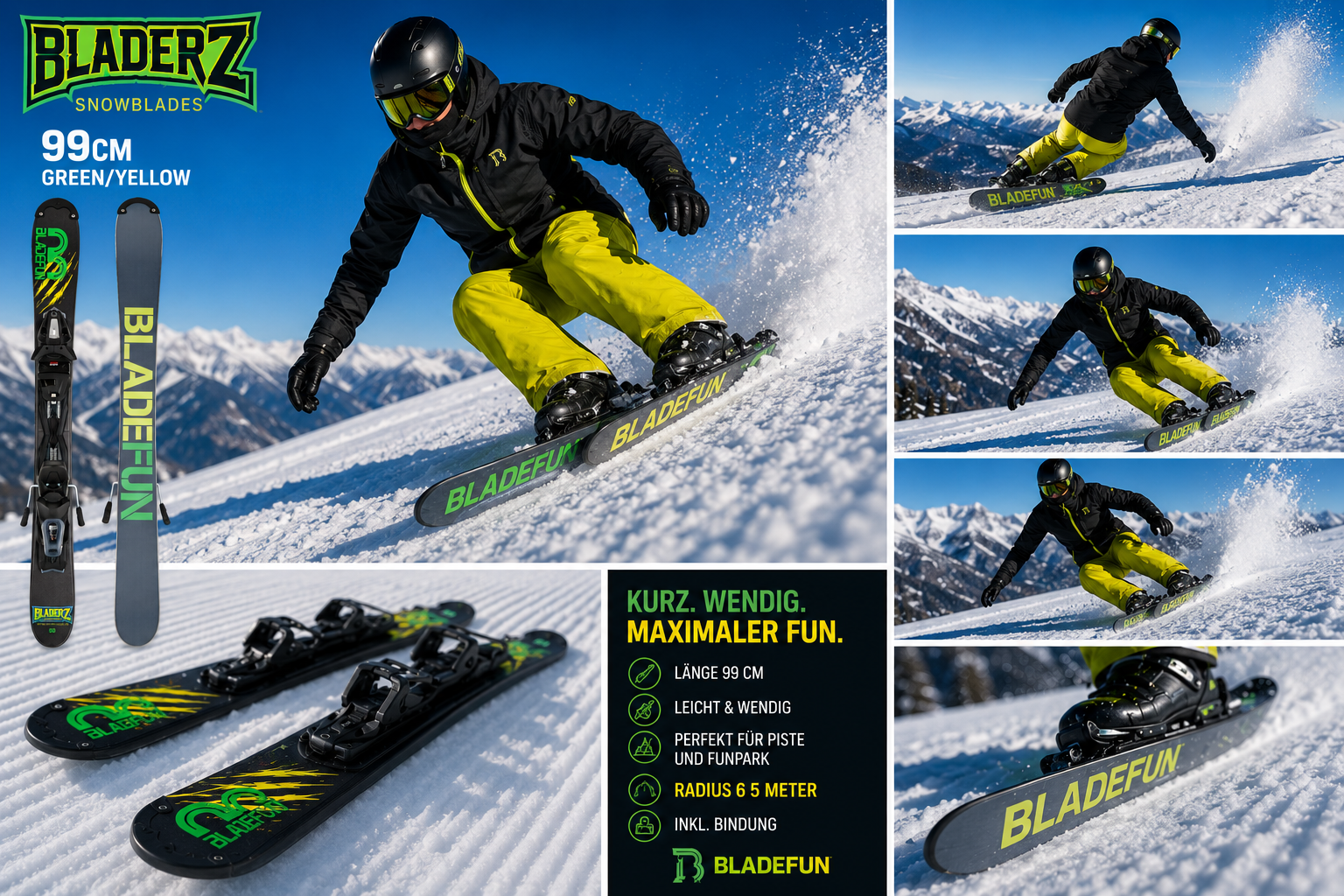 Snowblades Bladerz 99 cm Tyrolia safety binding Bladefun short ski | green/yellow 